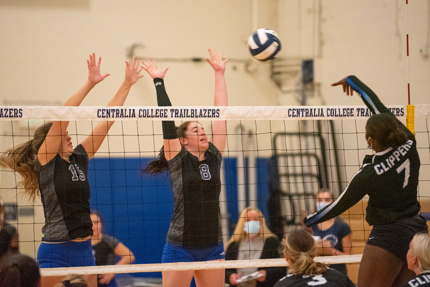 Centralia College's Ayzha Fuller (15) and Jordyn Burks (8) go up for a block attempt on South Puget Sound on Wednesday.