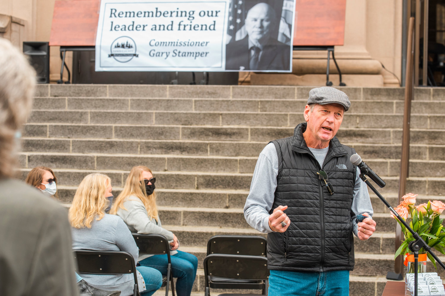 Chehalis Mayor Dennis Dawes talks about his relationship with Gary Stamper during a ceremony honoring his life Friday morning in Chehalis.