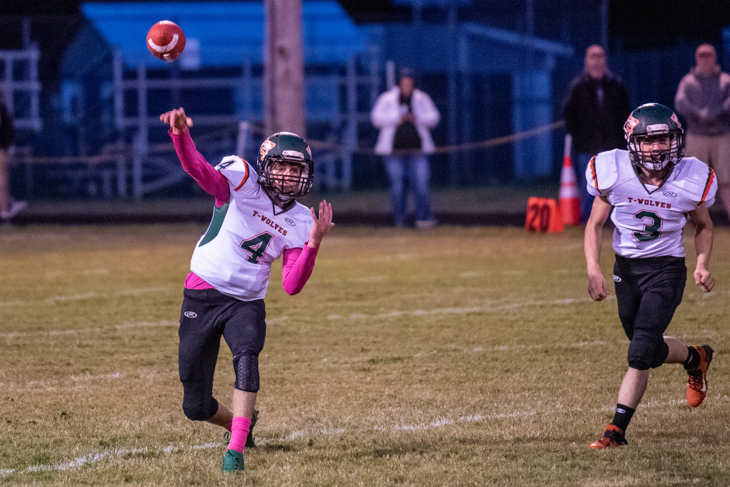 MWP quarterback Layten Collette (4) uncorks a pass toward the sideline while Brecken Pelletier (3) provides pass protection against PWV on Oct. 1, 2021.