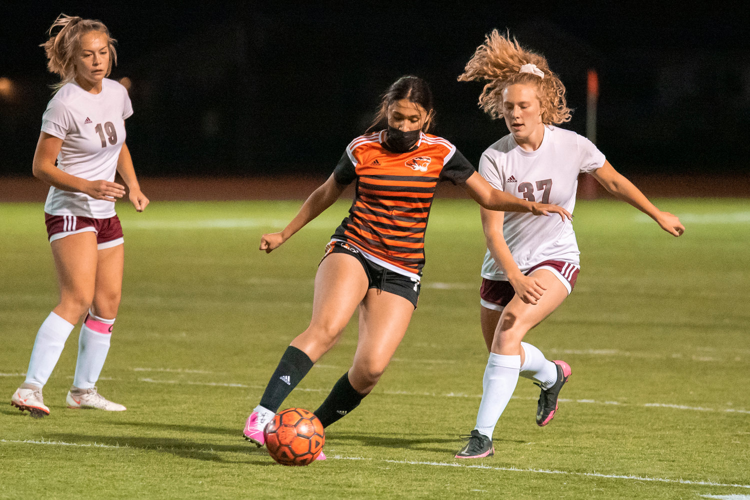 Centralia’s Michelle Maldonado (7) takes control of the ball during a game against W.F. West Tuesday night at Tiger Stadium.