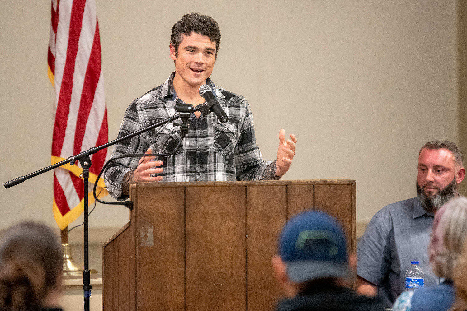 Joe Kent asks for support from voters in his race against Jaimie Herrera Beutler during a public meeting in Winlock Monday evening.
