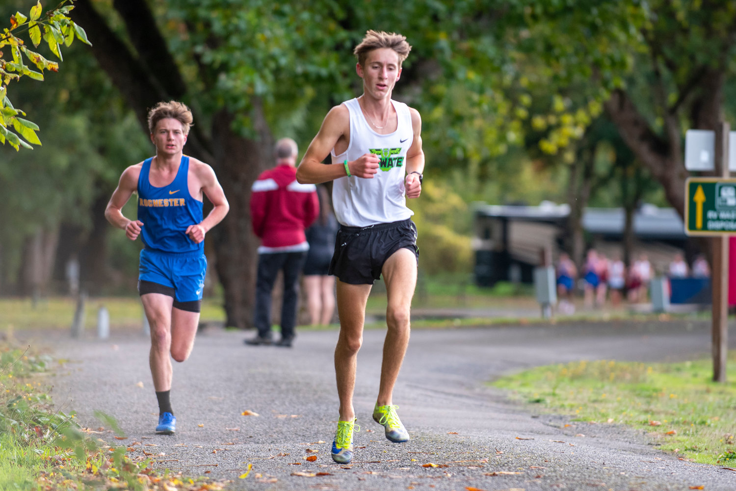 Tumwater's John Hoffer, right, won the boys race at a three-team meet at Stan Hedwall Park in Chehalis on Wednesday, Oct. 1, 2021. Trailing him is Rochester's Levi Jennings, who placed second.