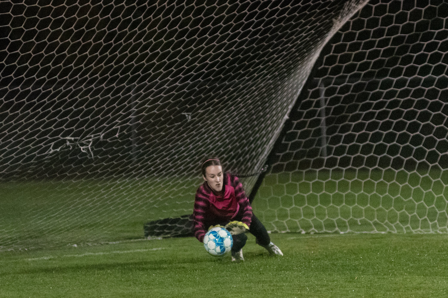 Toledo keeper Daphnie Bybee saves a penalty kick in the late stages of the Riverhawks win over Onalaska Oct. 6.