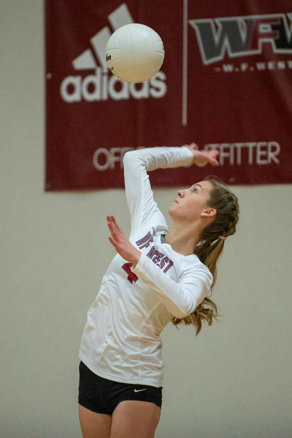 W.F. West's Saige Brindle (4) serves against Centralia on Oct. 12, 2021.
