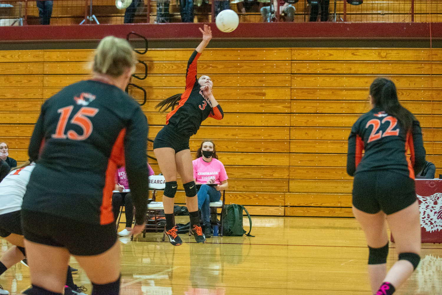 Centralia's Ella Orr (3) spikes the ball against W.F. West on Oct. 12, 2021.