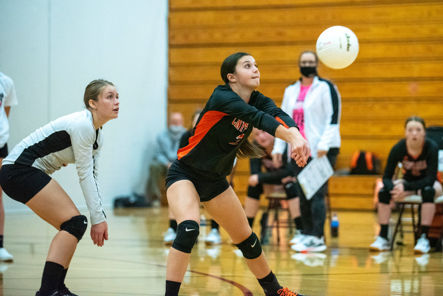 Centralia's Ella Orr (3) gets in front of a W.F. West serve with Evie Rooklidge providing backup on Oct. 12, 2021.
