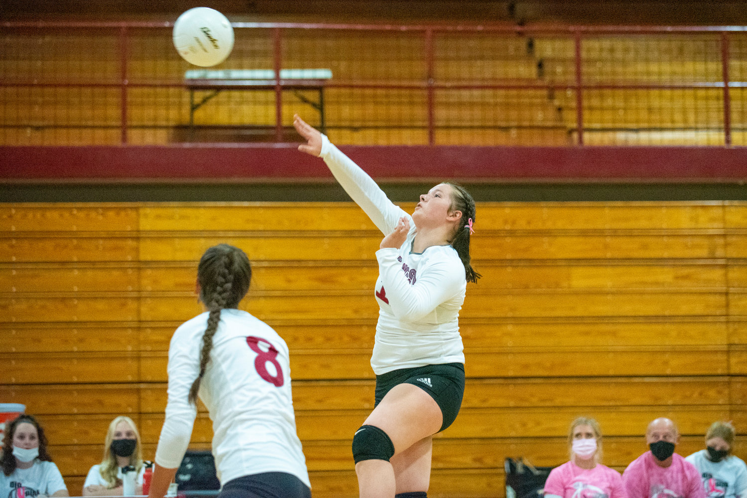 W.F. West's Savannah Hawkins (11) leaps for a spike against Centralia on Oct. 12, 2021.