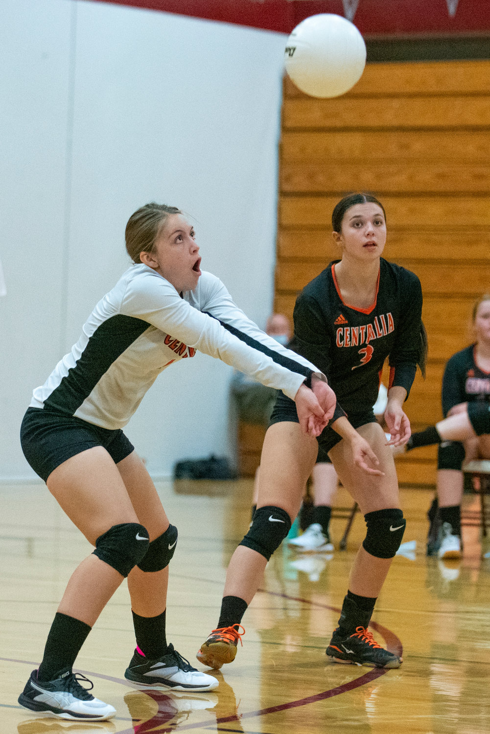 Centralia's Evie Rooklidge gets in front of a W.F. West serve while teammate Ella Orr (3) watches on Oct. 12, 2021.