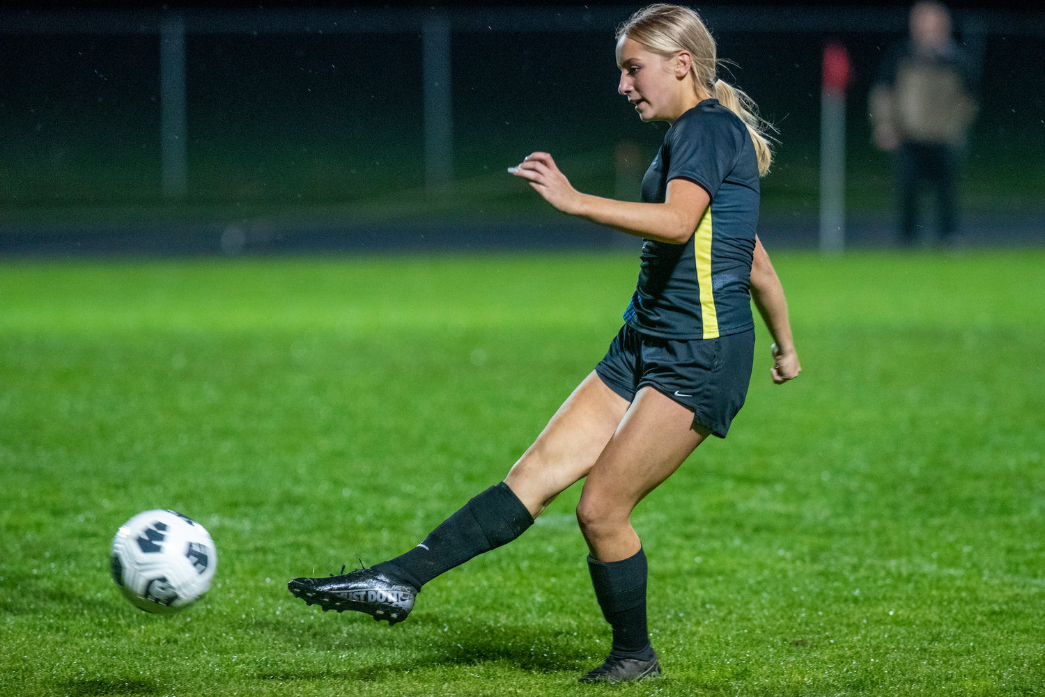 Adna's Lydia Tobin boots the ball downfield against Raymond-South Bend on Oct. 13, 2021.