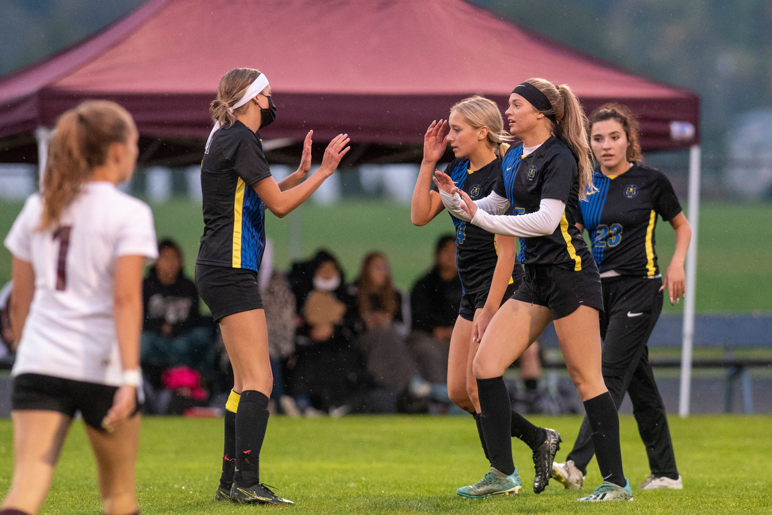 Adna players celebrate Kaylin Todd's opening goal of the game against Raymond-South Bend on Oct. 13, 2021.
