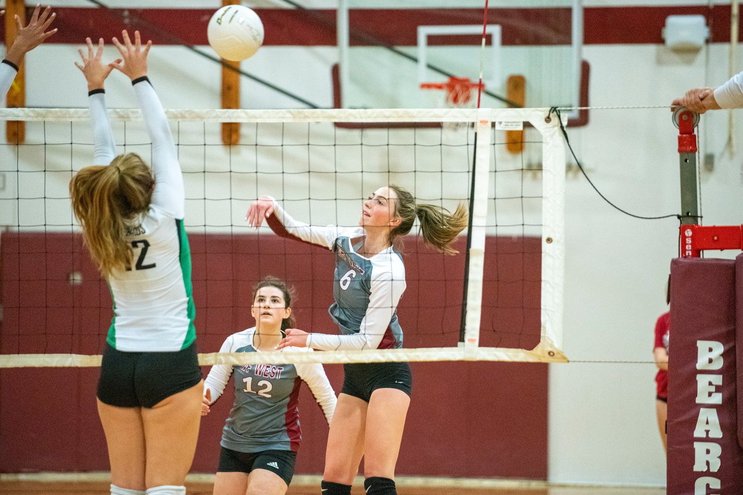 W.F. West's Morgan Rogerson (6) throws down a spike against Tumwater on Oct. 14, 2021.