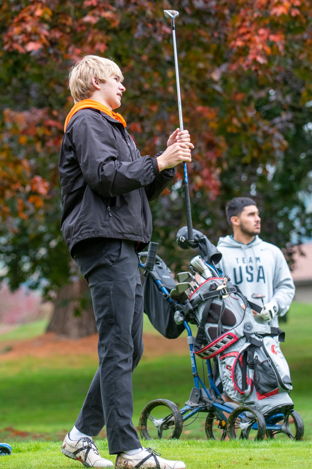W.F. West's Dirk Plakinger watches his tee shot of the 2A Evergreen Conference championships on Oct. 18, 2021.