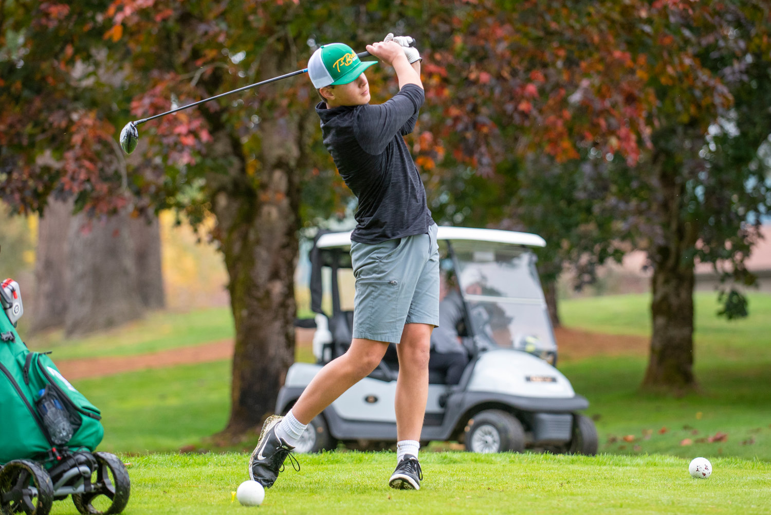 Tumwater's Nolan Campbell tees off on the 18th hole of the 2A Evergreen Conference championship at Riverside Golf Course on Oct. 18, 2021.