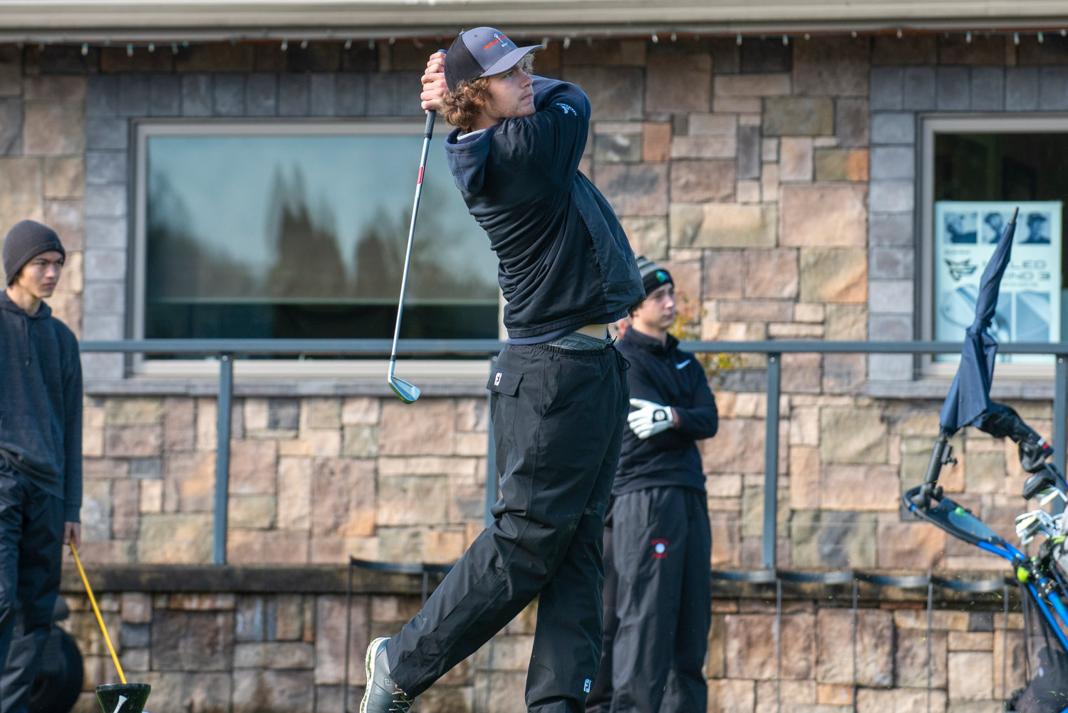 Centralia senior Cole Wasson tees off on Day One of the 2A District 4 Boys Golf Tournament at Riverside Golf Course in Chehalis on Oct. 20, 2021.