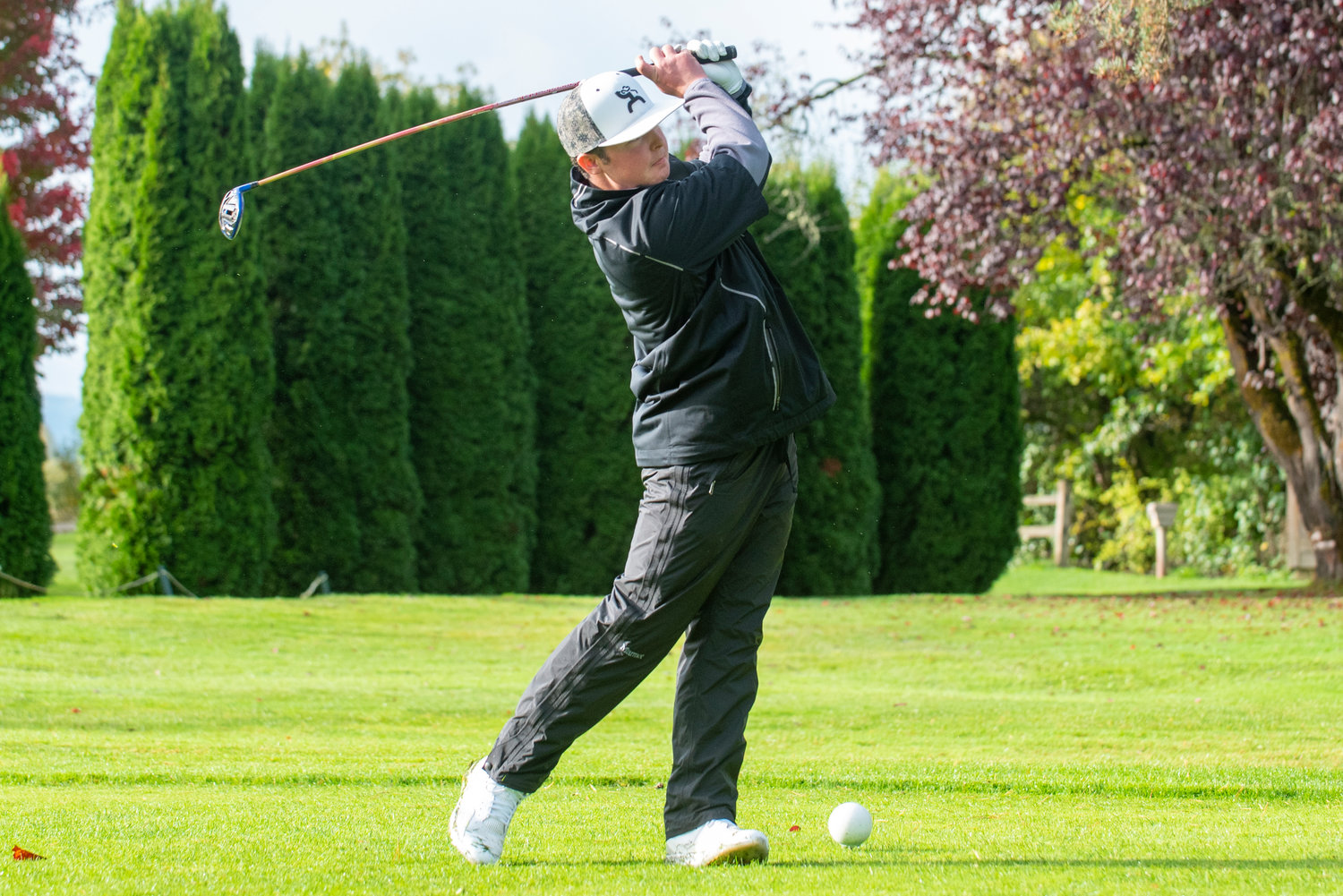 W.F. West's Tukker Rosbach tees off on Day One of the 2A District 4 Boys Golf Tournament at Riverside Golf Course in Chehalis on Oct. 20, 2021.