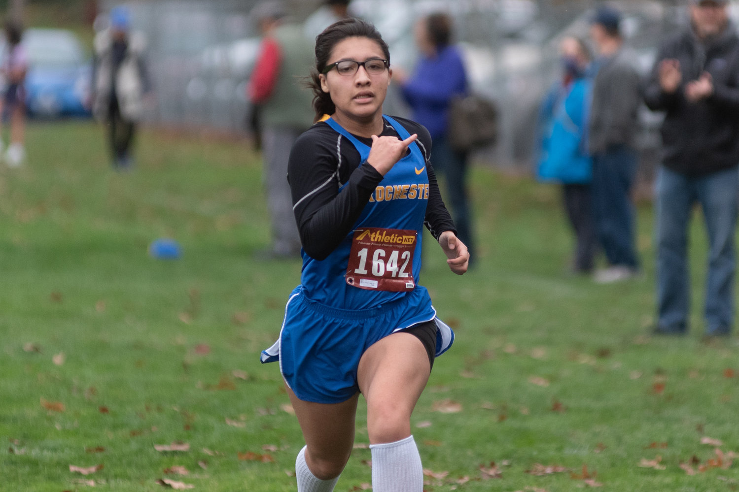 A Rochester runner races toward the finish line at the 2A Evergreen Championships at Pioneer Park Oct. 20.