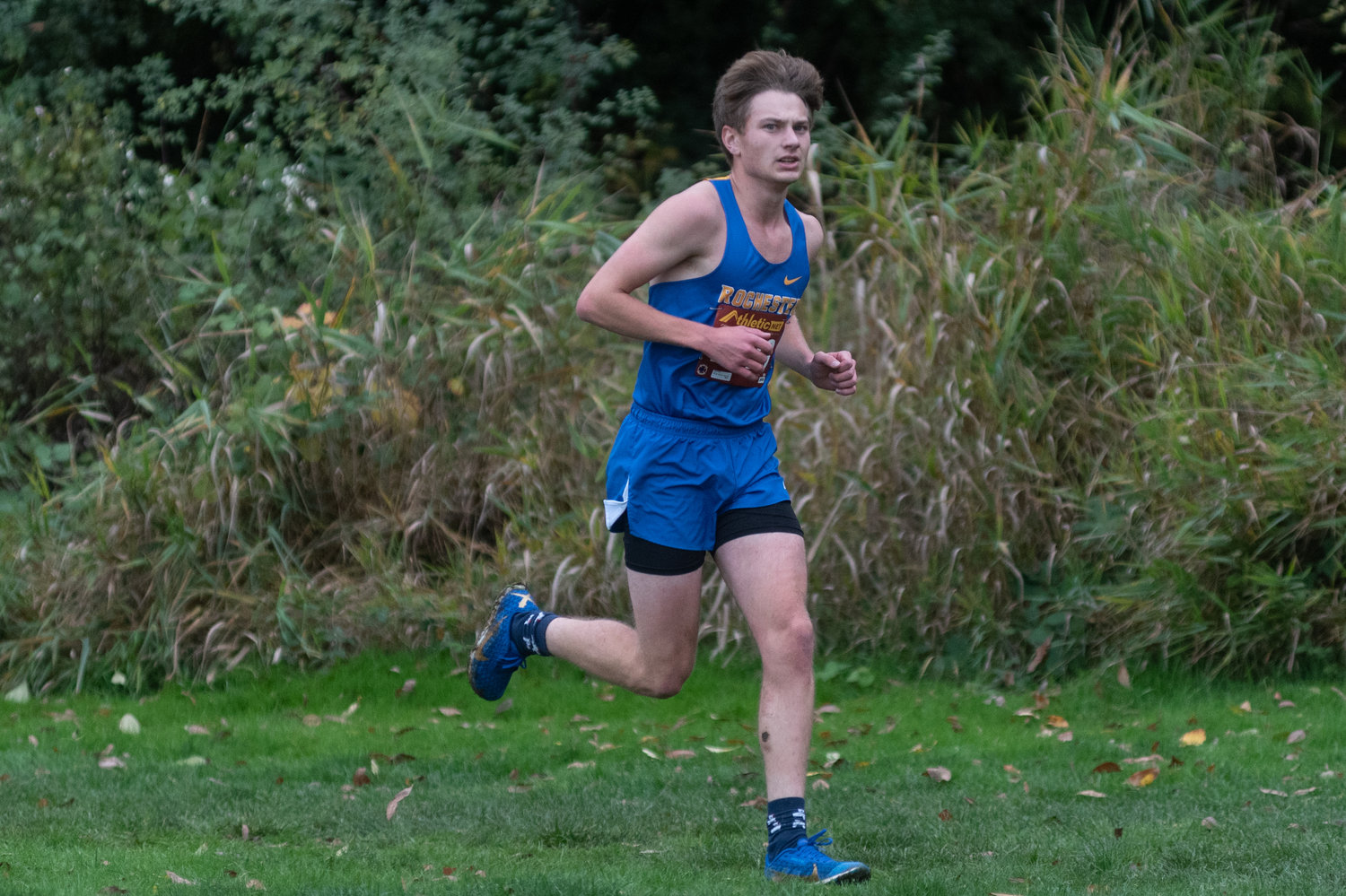 Rochester senior Levi Jennings closes in on the final stretch at the 2A Evergreen Championships at Pioneer Park Oct. 20.