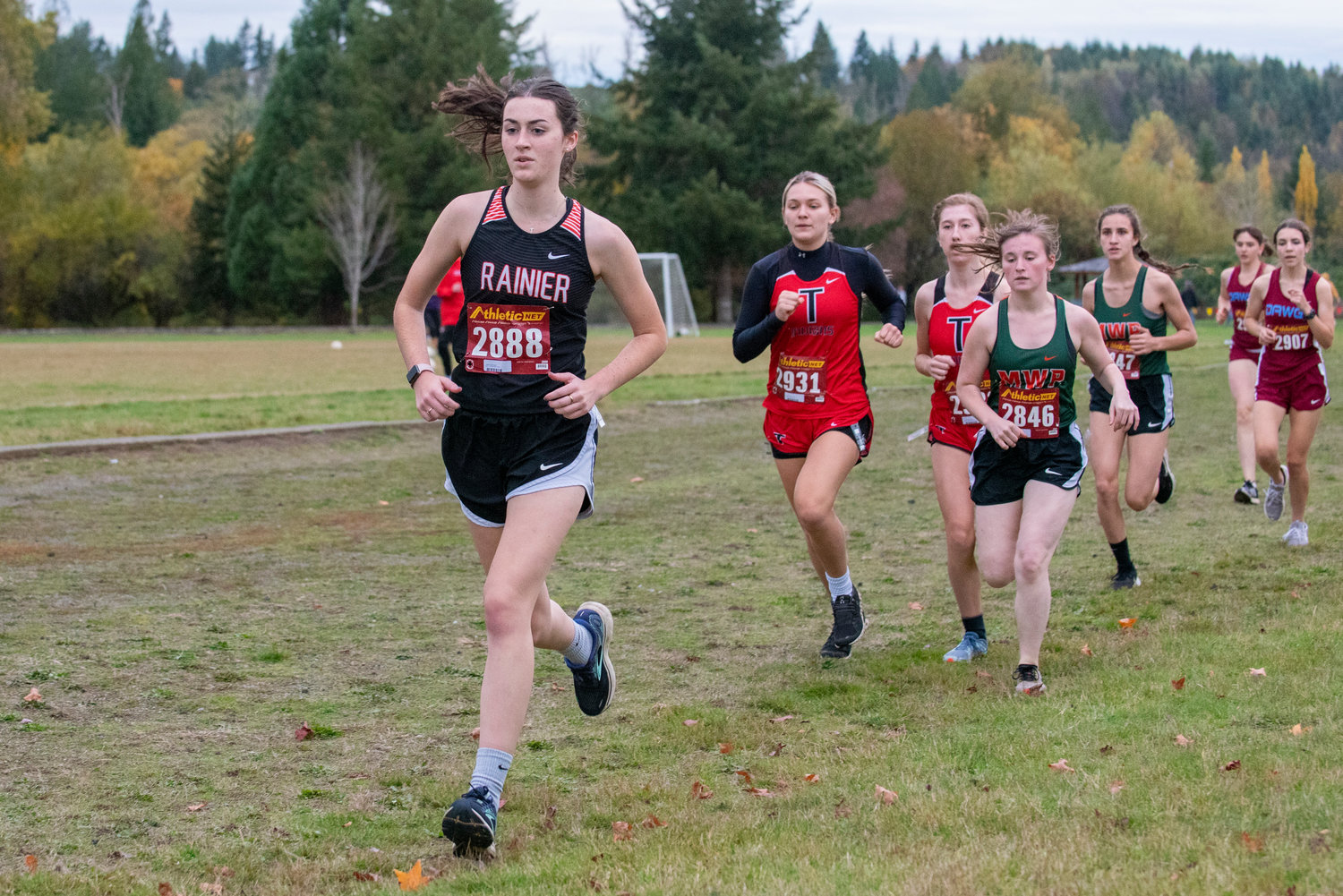 Rainier senior Faith Boesch (2888) leads a grouping of runners at the 2B Central League cross country championships in Onalaska on Oct. 21, 2021.