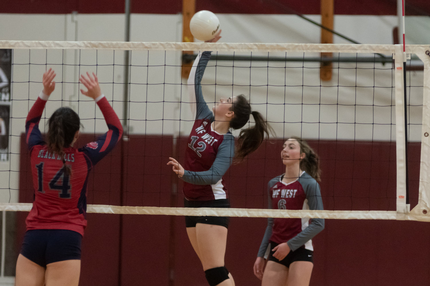 FILE PHOTO -- W.F. West senior Maggie Busse hits a spike across the net against Black Hills Oct. 21.