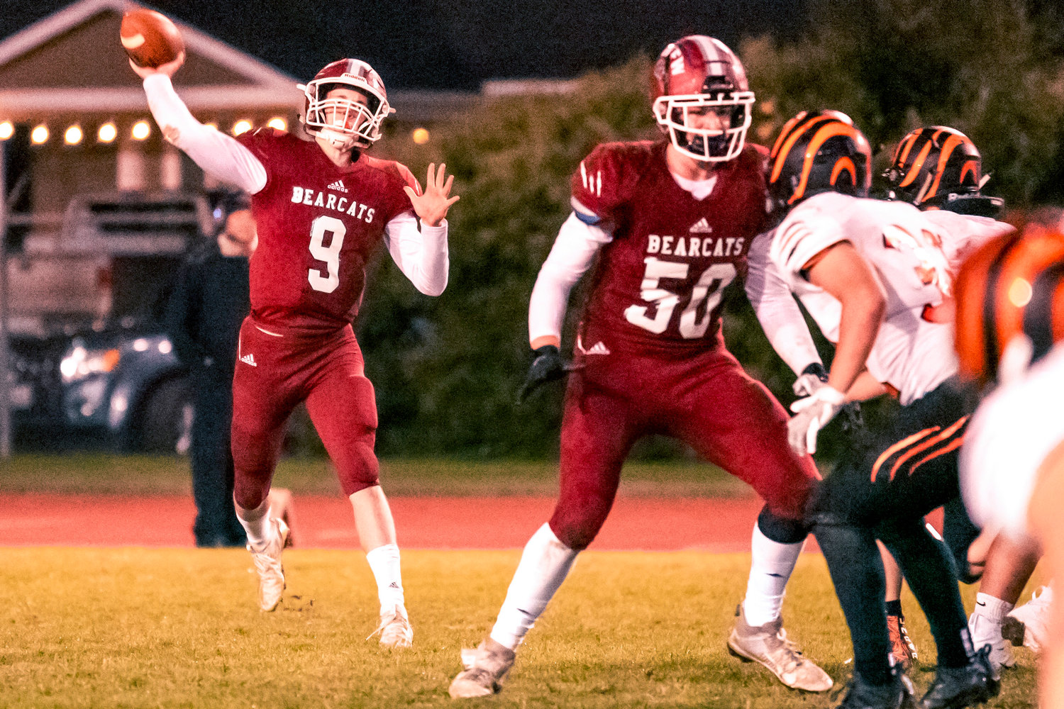 W.F. West’s Gavin Fugate (9) throws a pass Friday night during the Swamp Cup game at Bearcat Stadium.