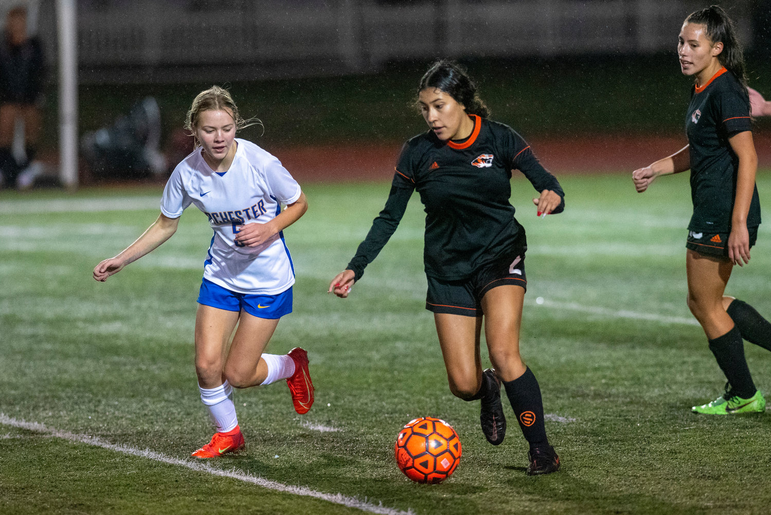 Centralia's Anahi Corona (2) dribbles downfield against Rochester on Oct. 26, 2021.