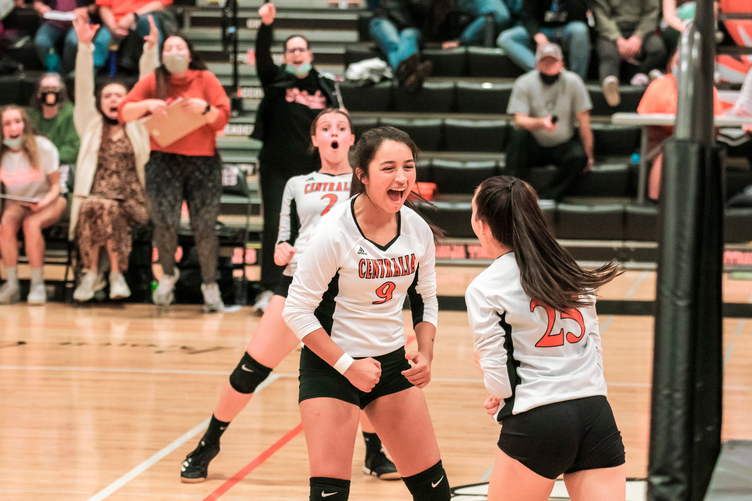 Centralia’s Makayla Chavez (9) celebrates with teammates after scoring during a match against Rochester Wednesday evening.