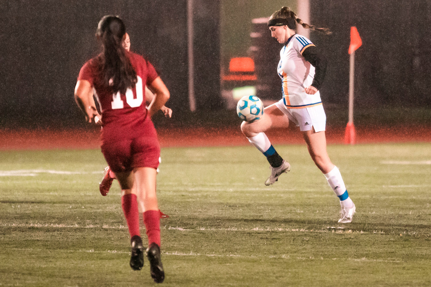 Centralia’s Erin Stanfill (16) takes control of the ball Wednesday night during a match against Pierce College in Centralia.