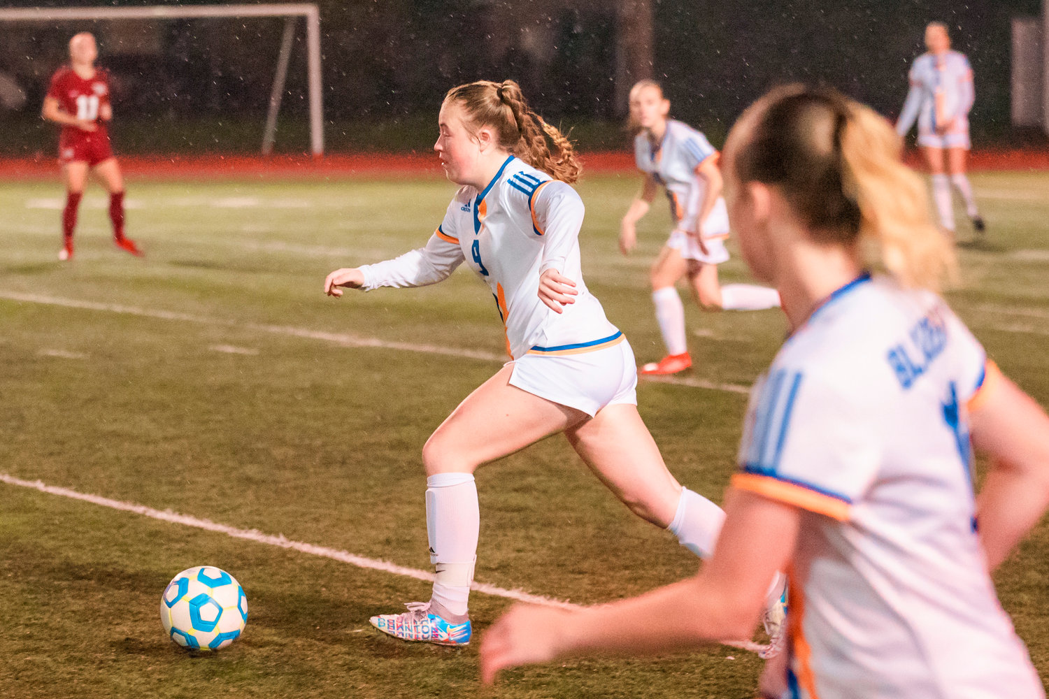 Centralia’s Malan Flygare (9) takes the ball down the field Wednesday evening during a match against Pierce College.
