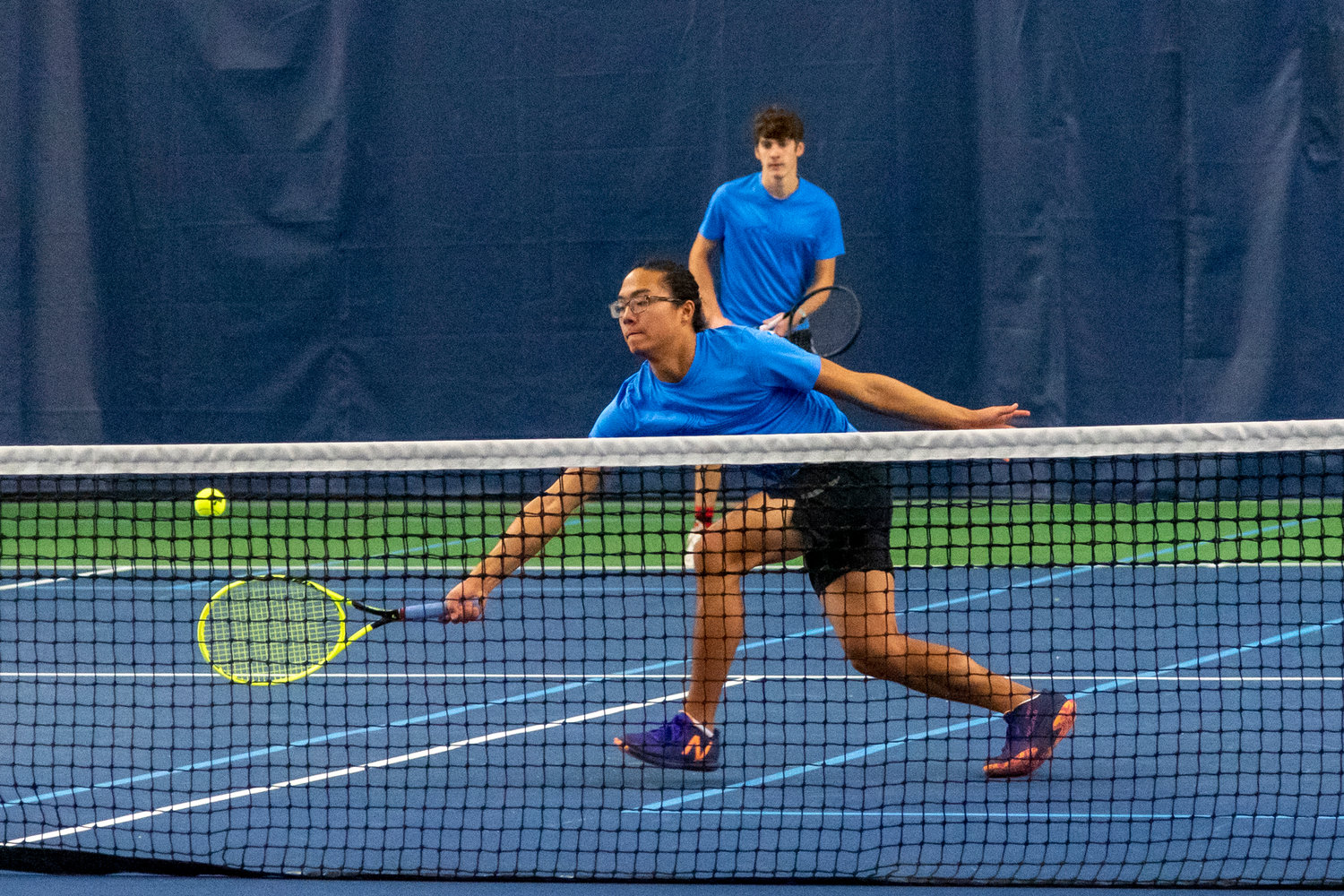 W.F. West's Joseph Chung gets in front of a ball during the 2A District 4 doubles championship match Oct. 28 at Steamboat Tennis and Athletic Club in Olympia.