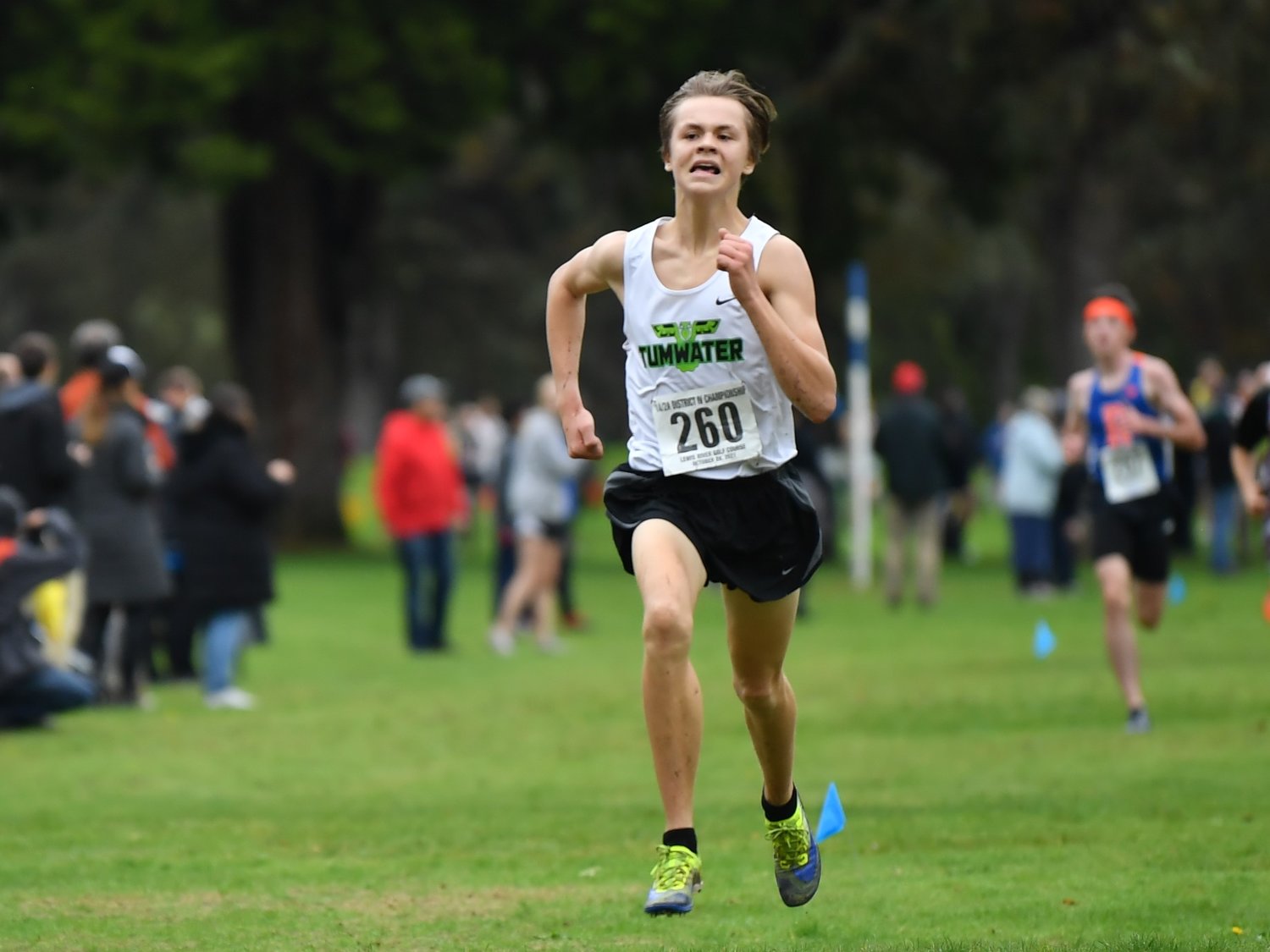 Tumwater sophomore Brenden Hamilton crosses the finish line at the District 4 Cross Country Championships Oct. 28. Hamilton qualified for his first state meet next Saturday.
