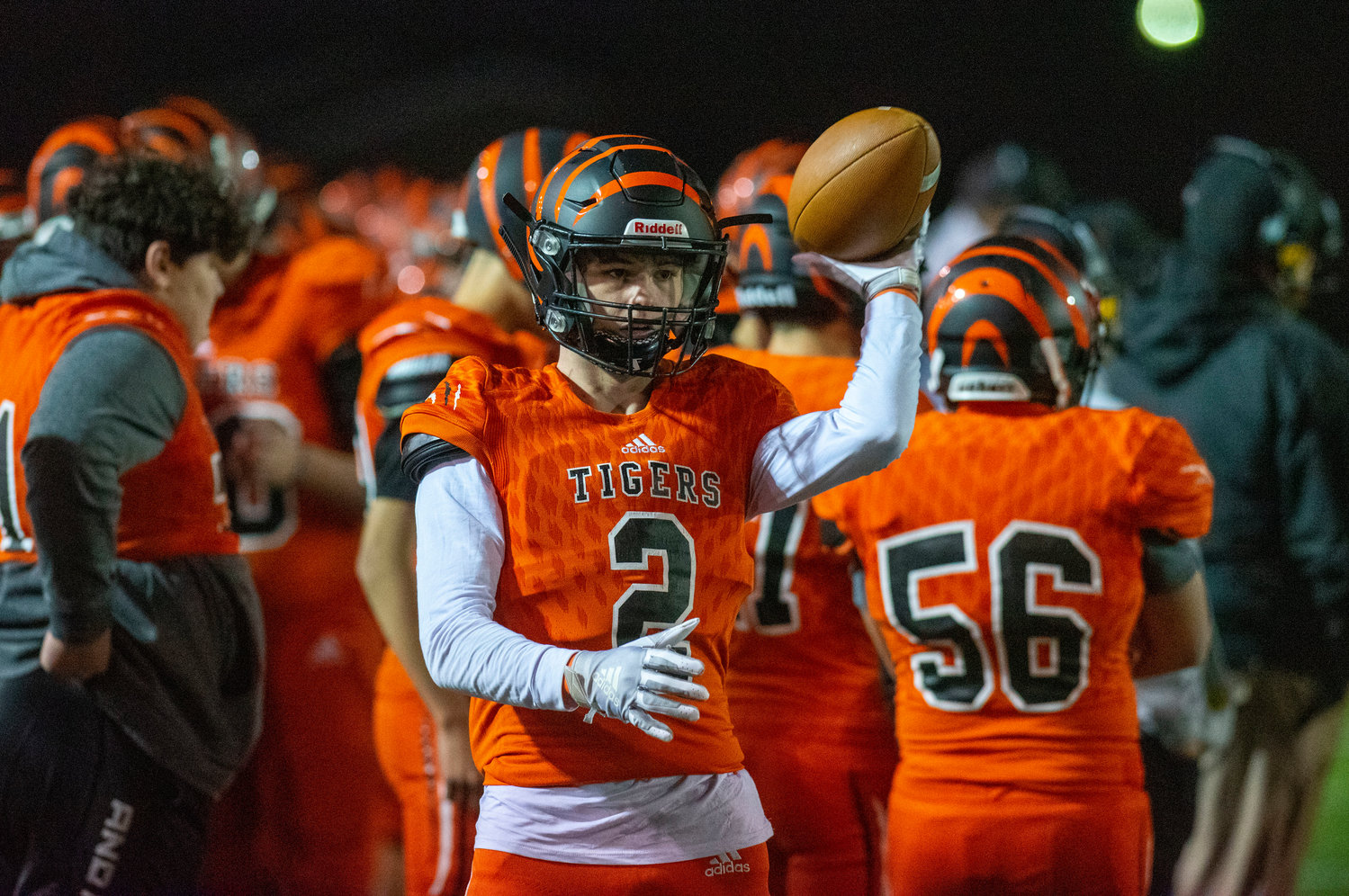 Centralia senior Chase Sobolesky warms up before the Tigers’ matchup against Tumwater on senior night at Tiger Stadium Oct. 29.