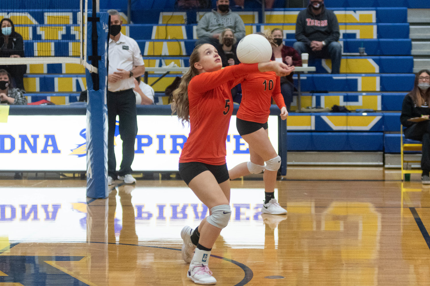 Napavine setter Avery Schutz passes to a teammate in the Tigers four set loss to Ocosta in the opening round of the District 4 Tournament in Adna Oct. 30.
