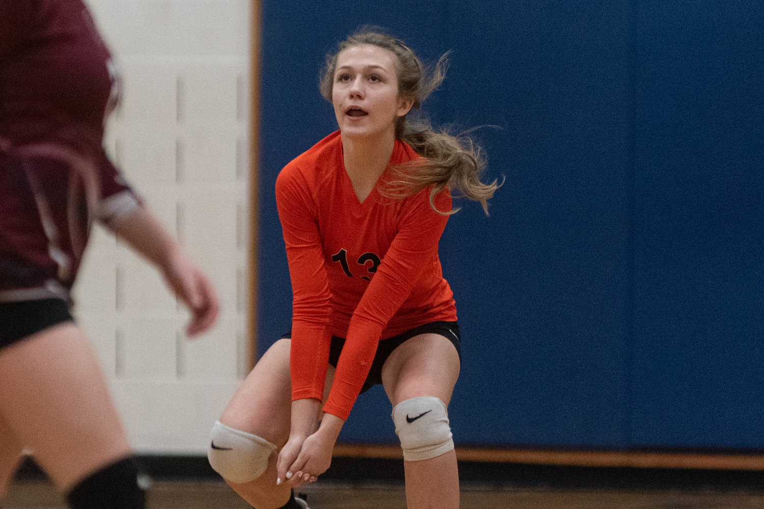 Napavine's Nikki Ahmann gets ready to receive a serve in the Tigers four set loss to Ocosta in the opening round of the District 4 Tournament in Adna Oct. 30.