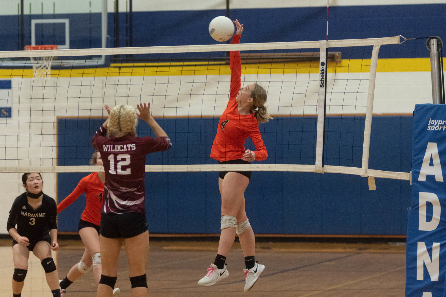 Napavine sophomore outside hitter Grace Gall goes up for a spike in the opening round of the District 4 Tournament in Adna Oct. 30.