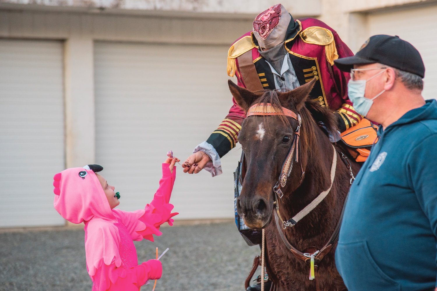 Bobbie Dalton, dressed as the Headless Horseman, hands candy from atop Tallulah Jane to Natalie, 7, dressed as a flamingo in Morton on Halloween.
