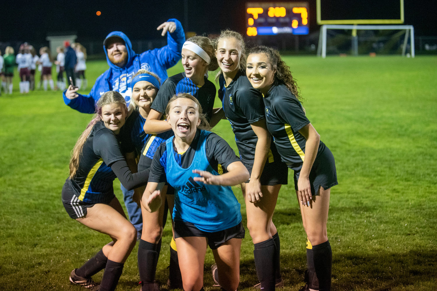 Adna players celebrate after defeating Stevenson in the district playoffs at home Nov. 1.