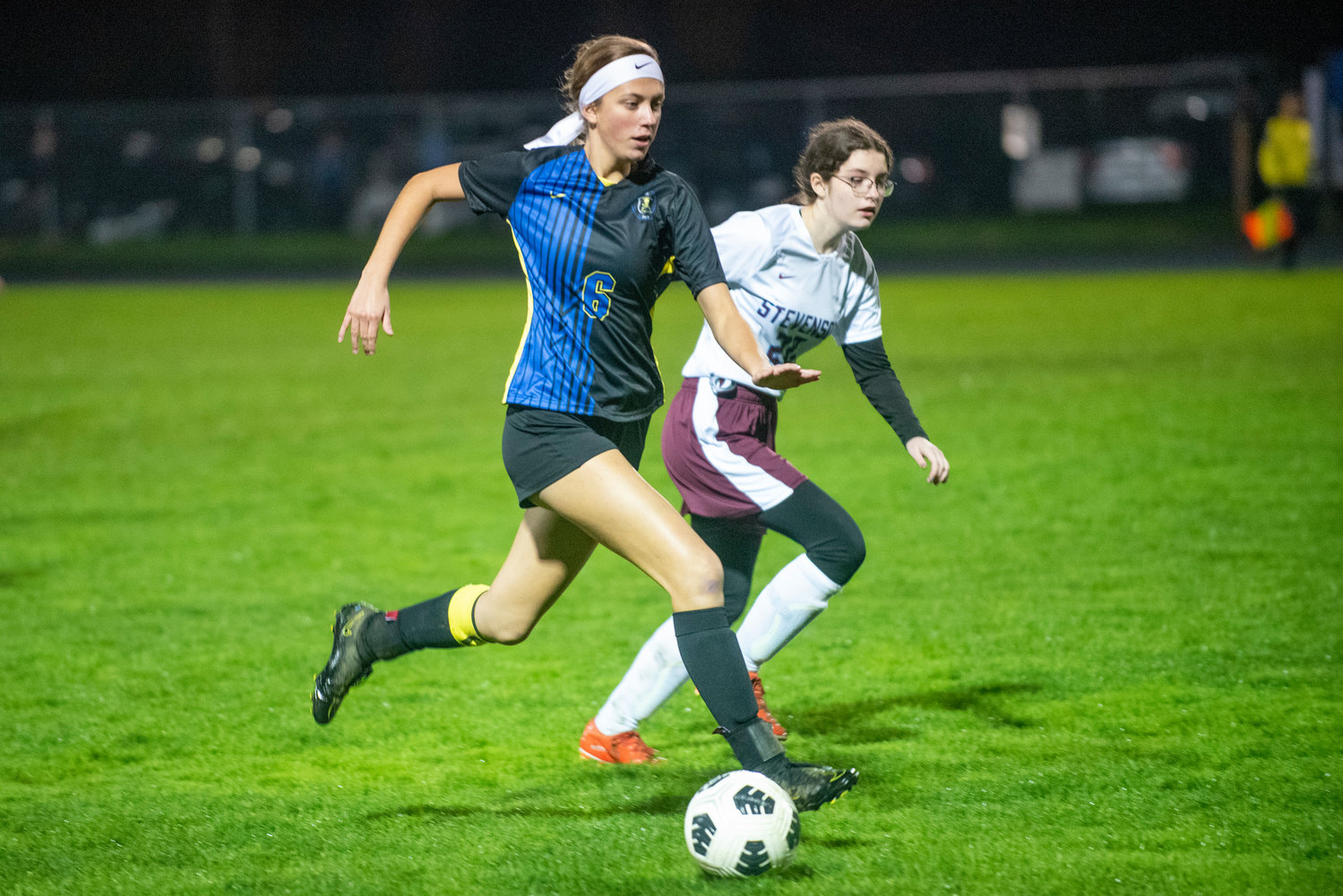 Adna senior Madi Stark drives downfield against Stevenson in the opening round of the district playoffs at home Monday, Nov. 1.