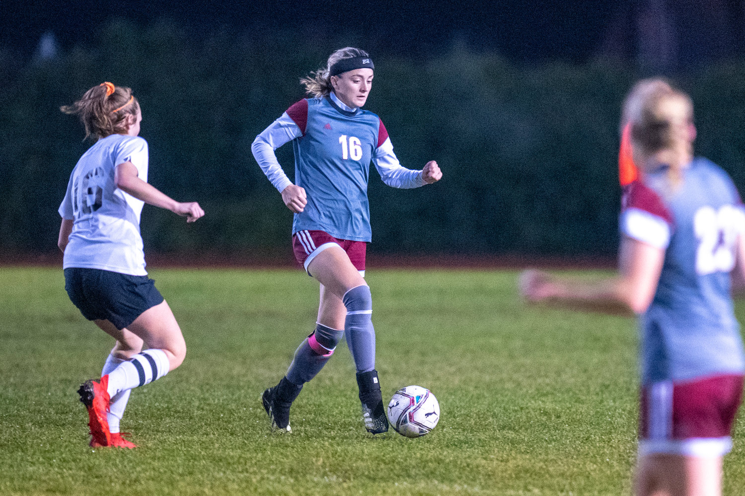 W.F. West defender Kaylynne Dowling (16) clears a ball against Washougal in a district playoff match at home Tuesday, Nov. 2