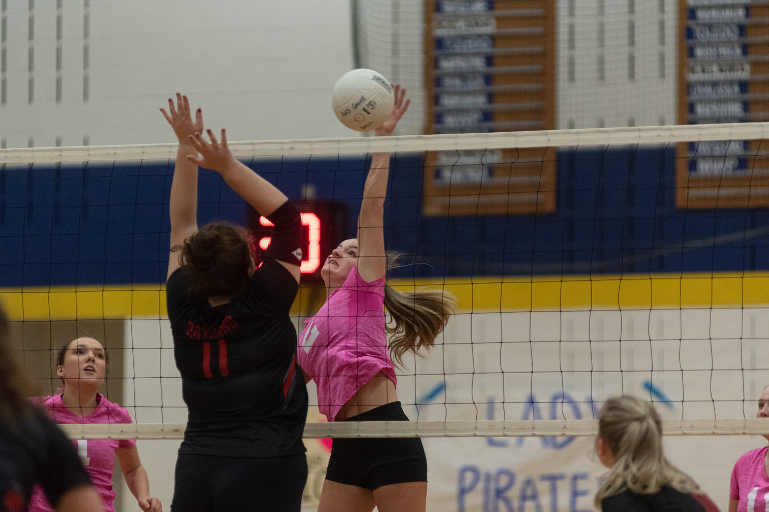 Adna junior Brooklyn Loose spikes a ball against Raymond in the District 4 semifinals Nov. 3.