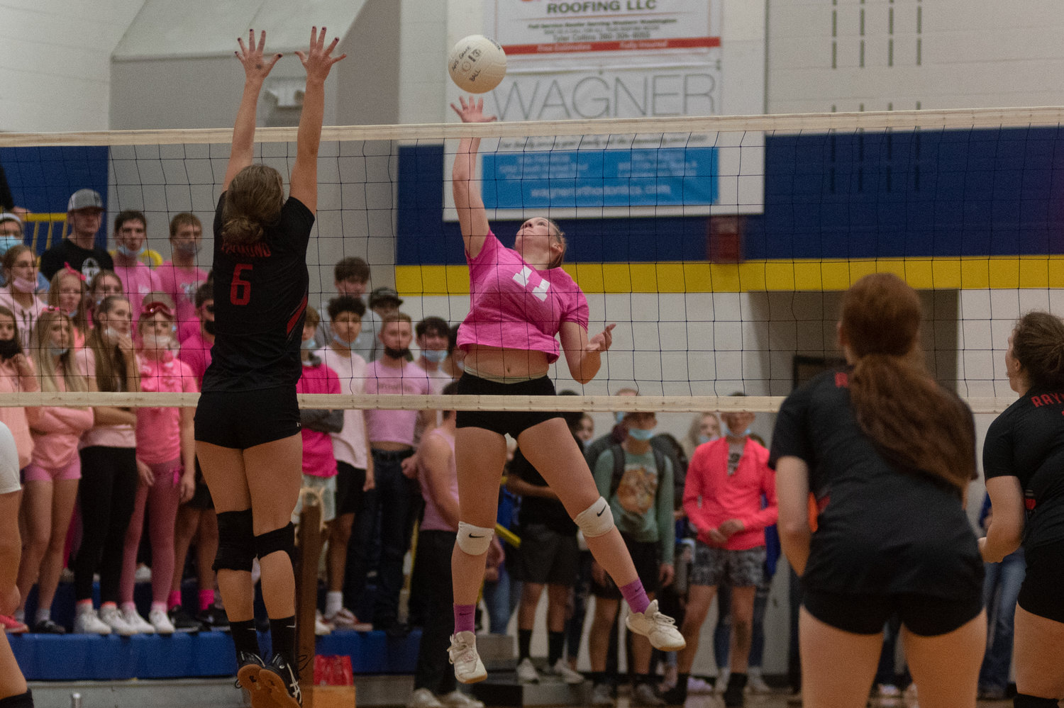 Adna freshman Kendall Humphrey sends a ball over the net against Raymond in the District 4 semifinals Nov. 3.