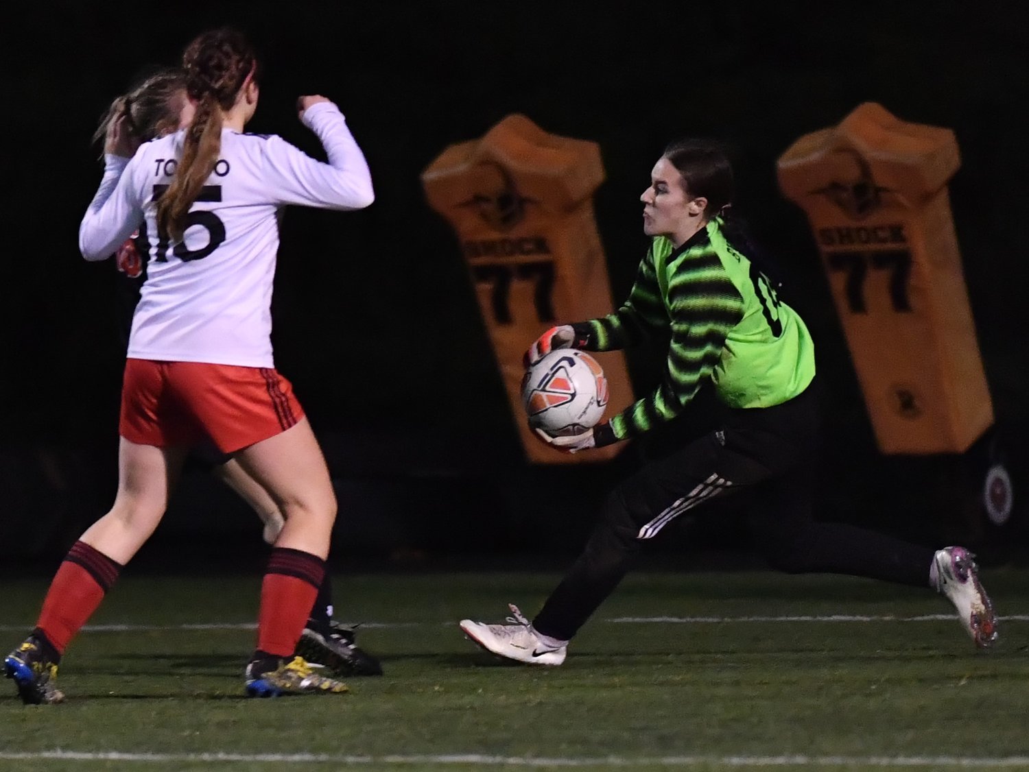 Toledo keeper Daphnie Bybee makes s save in the Riverhawks 3-0 loss to Kalama in the district semifinals Nov. 4.