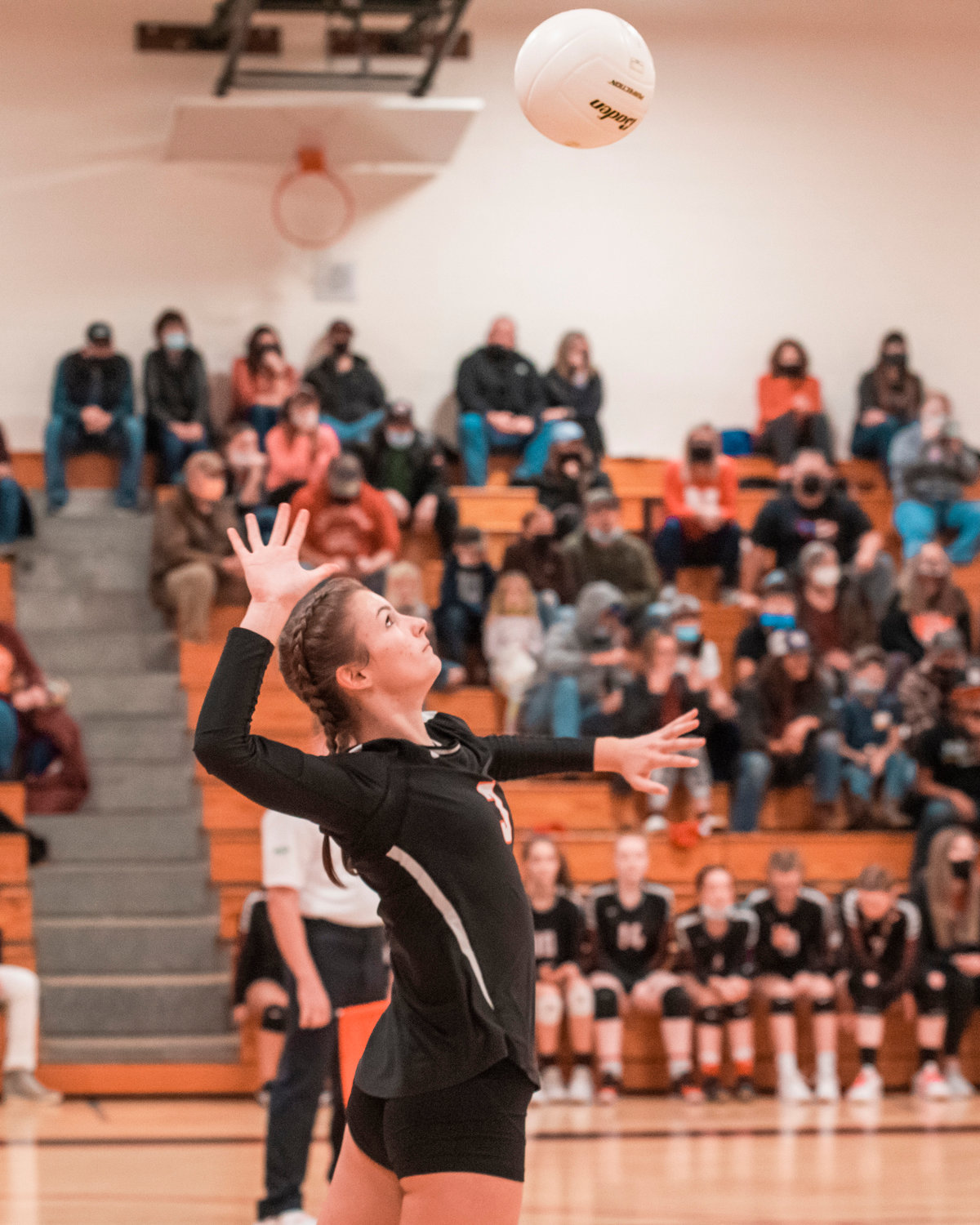 Mossyrock’s Erin Cournyer (3) serves the ball during a semifinals matchup against Willapa Valley Thursday night.