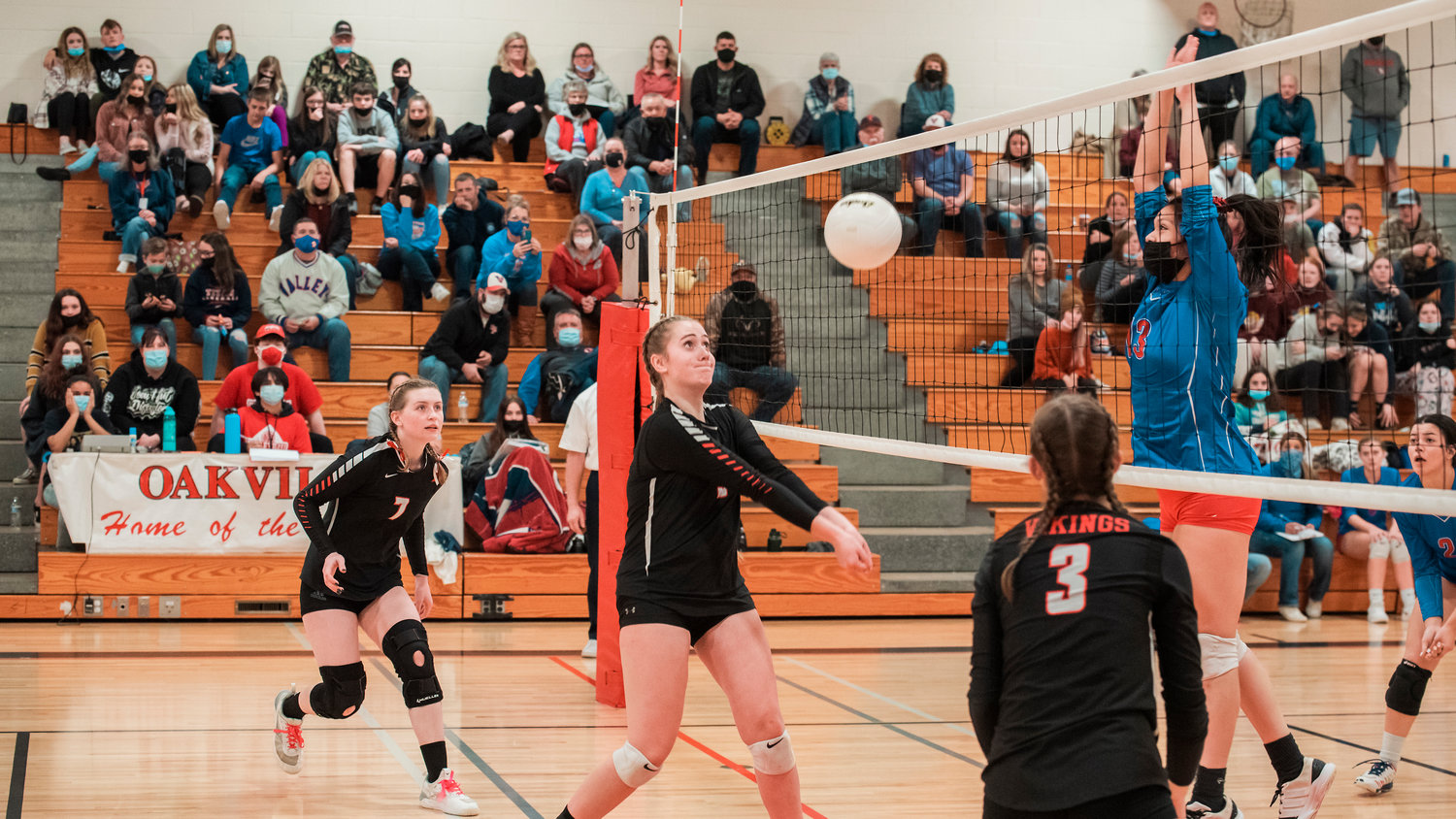 Mossyrock’s Jolee Hadaller (5) sends the ball over the net during a semifinals matchup against Willapa Valley Thursday night.