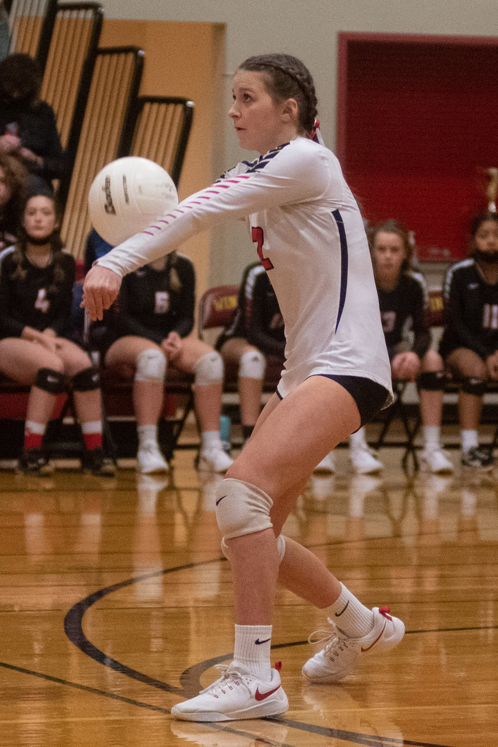 Mossyrock sophomore libero Abbie Lovan digs up a serve against Naselle in the 1B District 4 title game at Winlock Nov. 6.