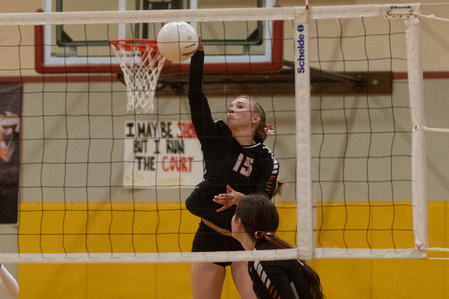 Mossyrock junior Hailey Brooks sends a spike over the net against Naselle in the 1B District 4 title game in Winlock Nov. 6.