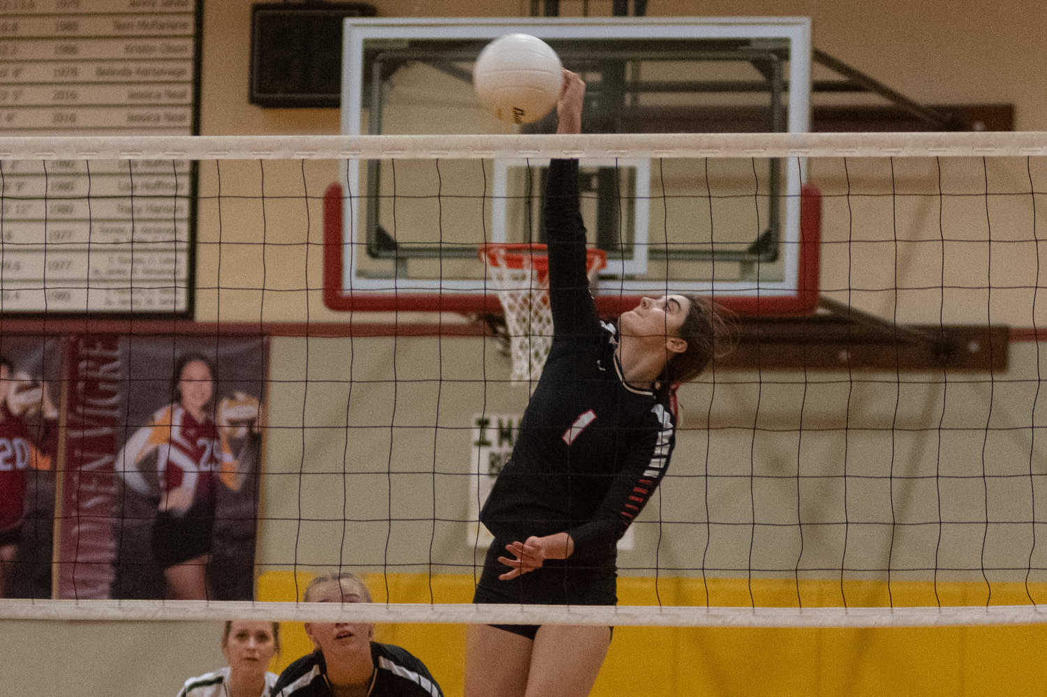 Mossyrock junior Payton Torrey slams home a spike against Naselle in 1B District 4 title game in Winlock Nov. 6.