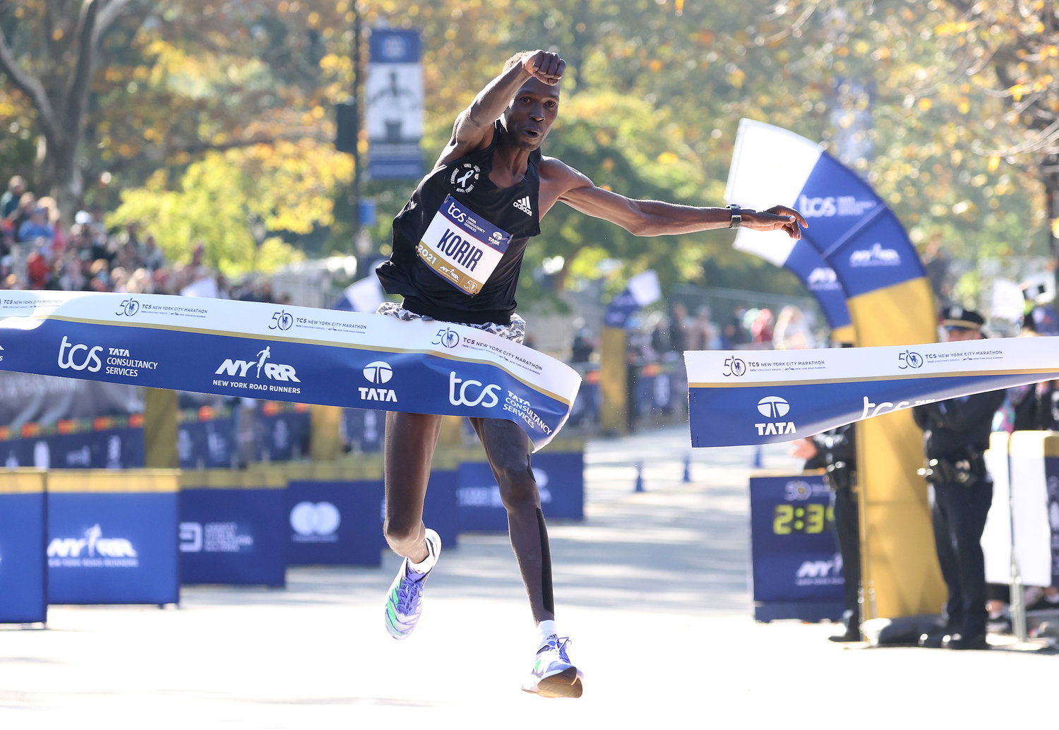 Albert Korir of Kenya celebrates after he won the Men's division of the 2021 TCS New York City Marathon in Central Park on Sunday, Nov. 7, 2021 in New York City. (Elsa/Getty Images/TNS)