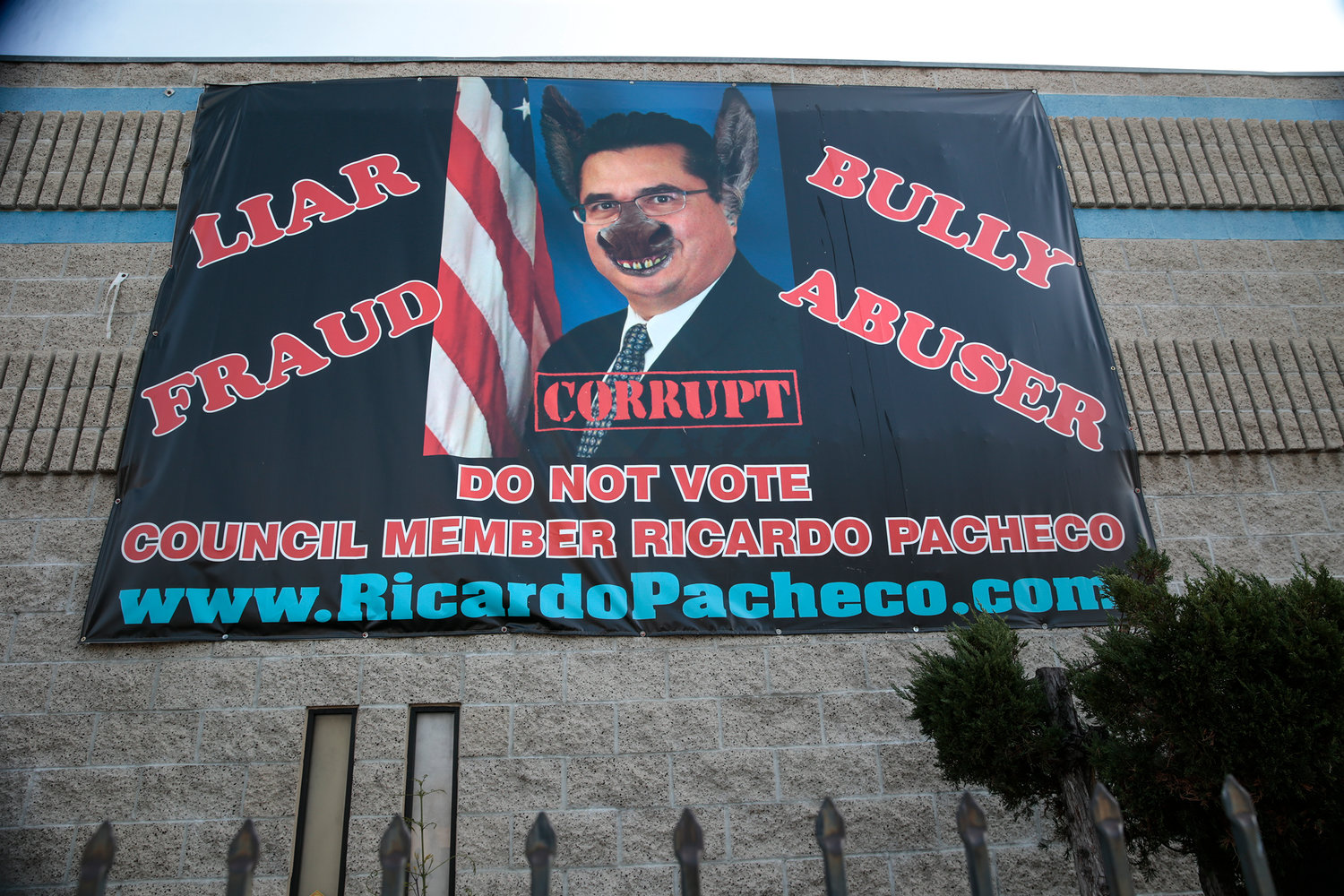 Former Baldwin Park Council Member Ricardo Pacheco was labeled "corrupt" in a sign hung outside a business, Jan. 16, 2020 in Baldwin Park, California. (Robert Gauthier/Los Angeles Times/TNS)