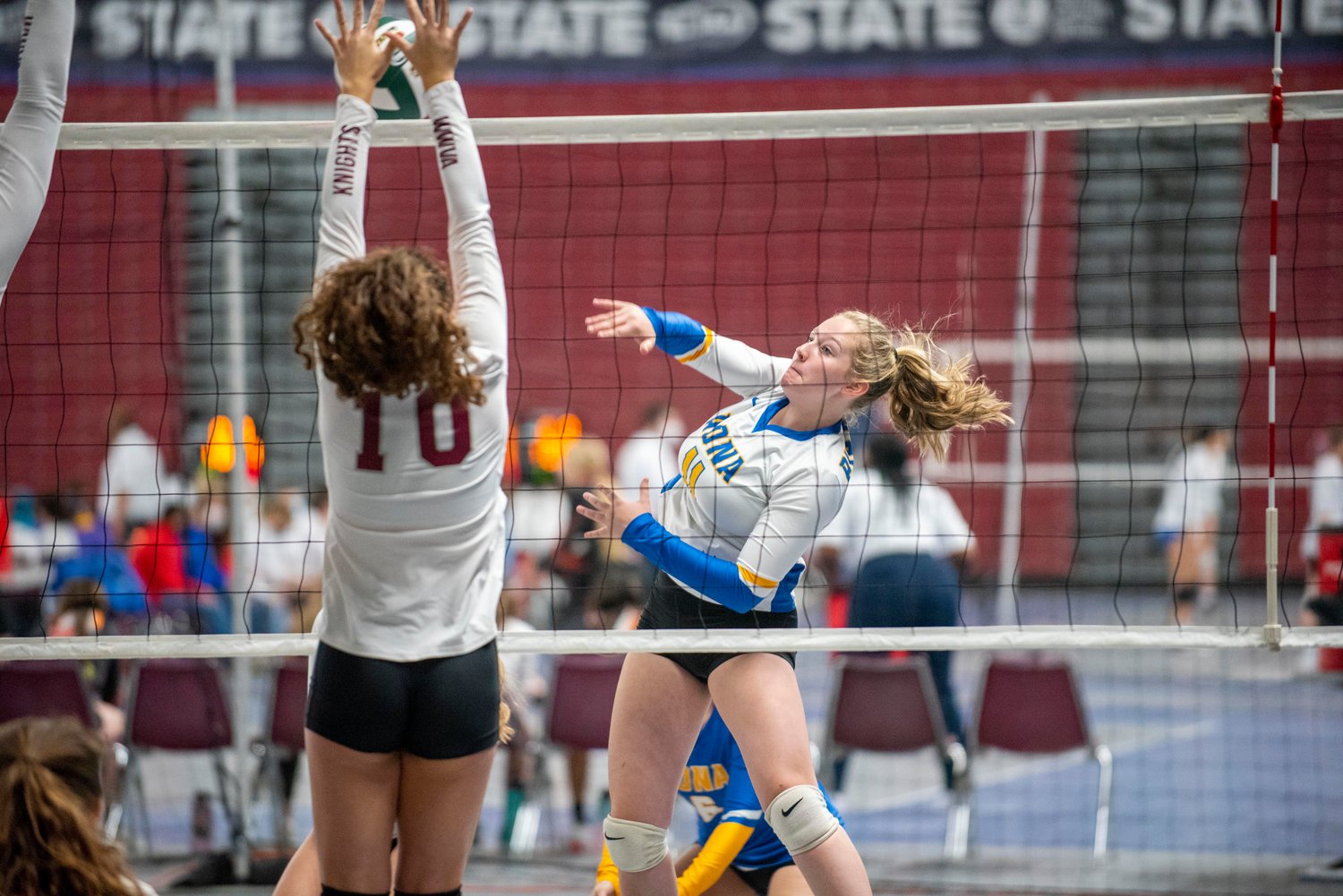 Adna’s Kendall Humphrey (11) spikes against Walla Walla Valley Academy during the opening round of the 2B state volleyball tournament in Yakima Thursday.