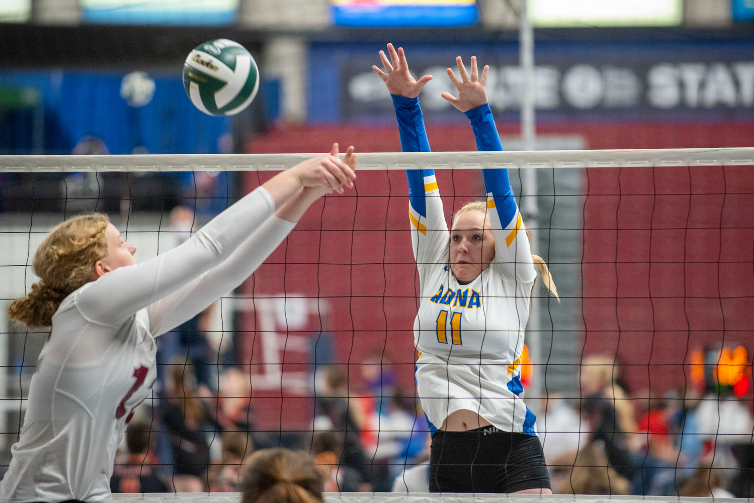 Adna’s Kendall Humphrey (11) goes up for a block attempt on Walla Walla Valley Academy during the opening round of the 2B state tournament Thursday in Yakima.